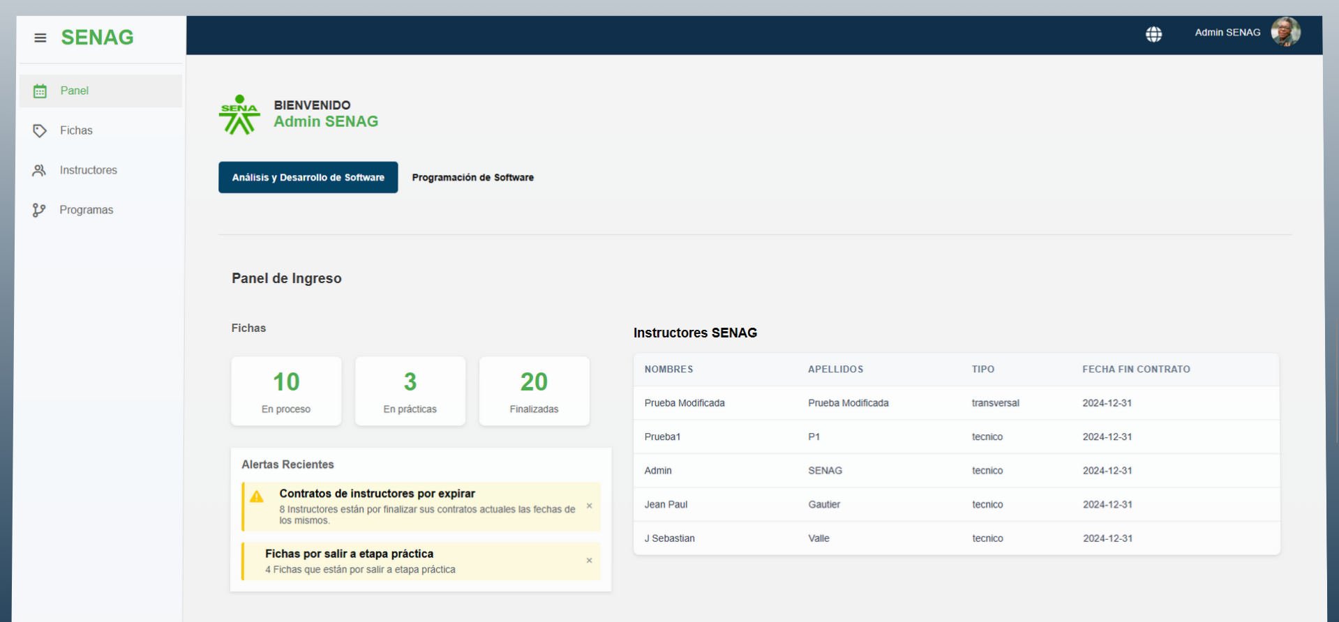 Captura del proyecto SENAG - Sistema de seguimiento acádemico